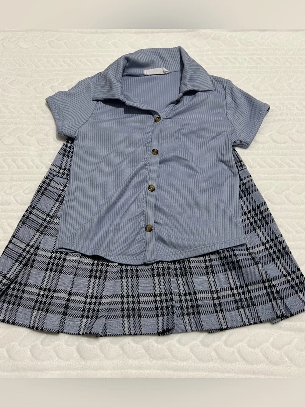 💗 Beautees - Girls Blue Short-Sleeve Button Front Top with Plaid Skirt